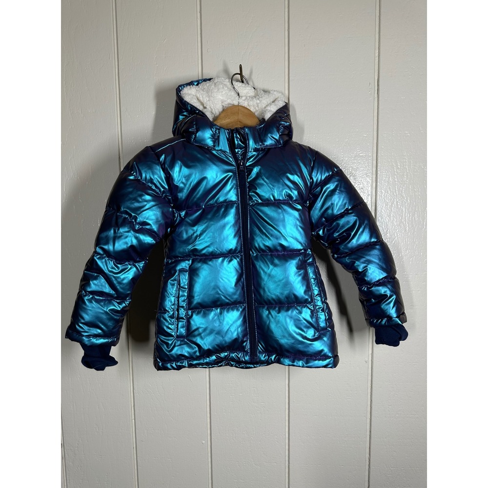 Thereabouts Puffer Jacket Kids XXS 4/5 Blue Metallic Iridescent Sherpa Hooded